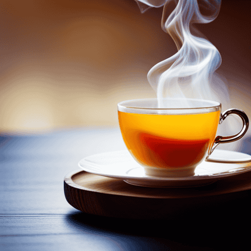 An image showcasing a warm cup of ginger turmeric tea, steam swirling upwards, as vibrant yellow and orange hues infuse the liquid
