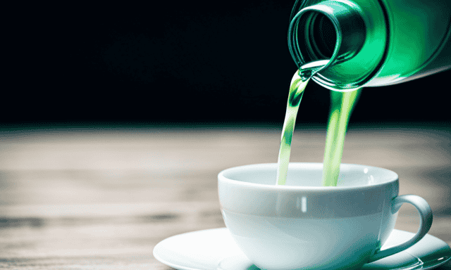 An image showcasing a delicate, translucent green liquor gently pouring into a porcelain cup