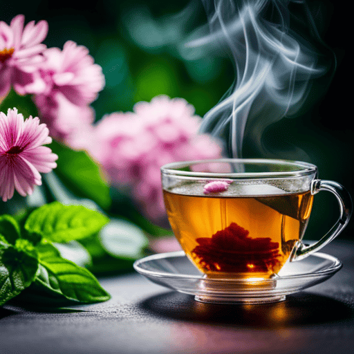 An image featuring a close-up of a steaming cup of herbal green tea, surrounded by vibrant, freshly plucked tea leaves and delicate blossoms, evoking a soothing and refreshing sensation