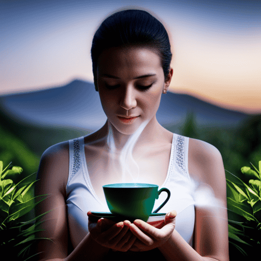 An image showcasing a serene scene of a person peacefully savoring a cup of herbal tea, surrounded by lush greenery, as delicate steam rises from the mug, symbolizing the soothing and rejuvenating effects on the body