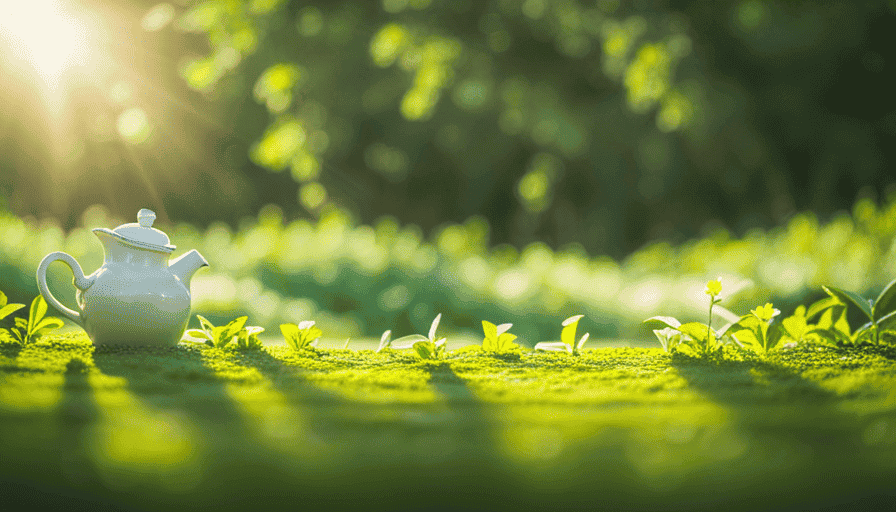 An image of a serene, sunlit garden with lush green tea leaves gently swaying in the breeze