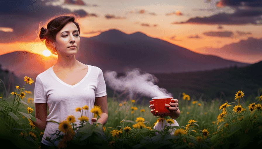 An image showcasing a calming scene of someone holding a steaming cup of herbal tea, surrounded by an array of vibrant and soothing herbs, evoking a sense of relaxation, improved digestion, and boosted immunity