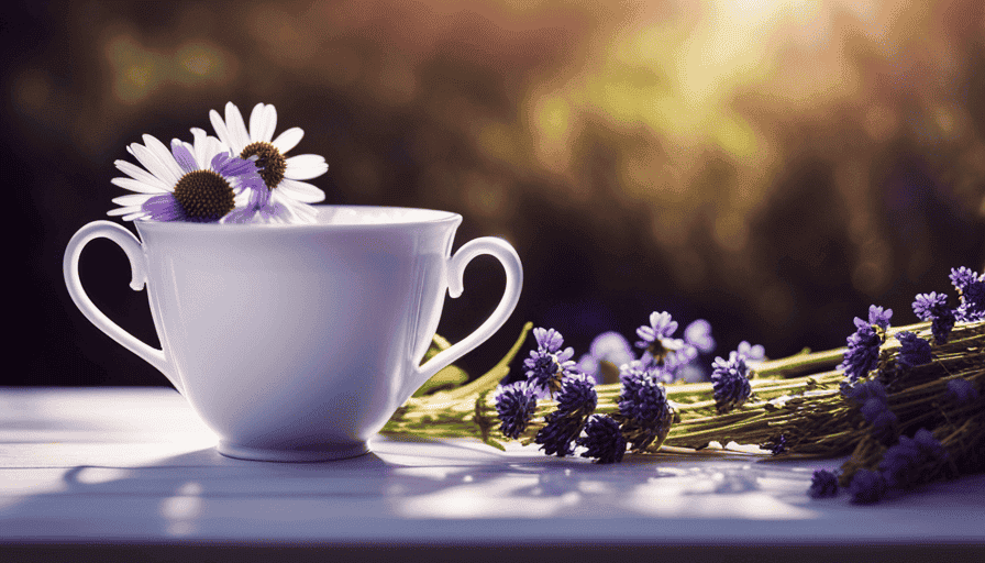 An image featuring a porcelain teacup, brimming with a steaming infusion of vibrant green chamomile flowers and fragrant lavender, as wisps of delicate steam rise and intertwine with the soft rays of sunlight filtering through a nearby window