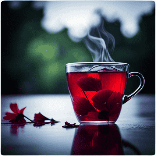 An image showcasing a steaming cup of vibrant hibiscus herbal tea, with its deep red hue, delicate petals floating gracefully, and the refreshing condensation shimmering on the cup's surface