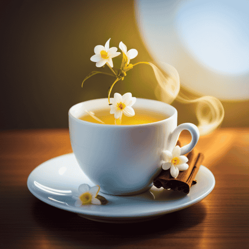 An image showcasing a delicate porcelain teacup filled with golden jasmine herbal tea