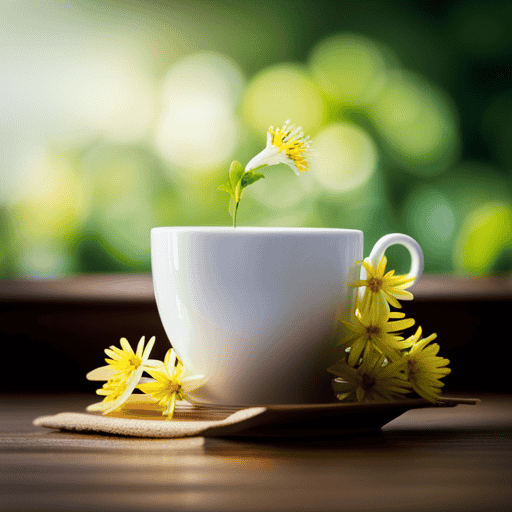 An image featuring a delicate porcelain teacup filled with fragrant golden linden flower tea, steam gently rising above it