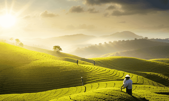 An image of a serene, sunlit tea plantation nestled in rolling hills, with delicate oolong tea leaves being carefully hand-picked by skilled workers, showcasing the meticulous craftsmanship and natural beauty that goes into producing this exquisite tea