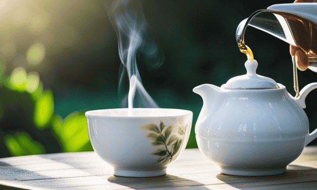 An image capturing the essence of oolong tea: a vibrant teapot pouring a golden-hued oolong infusion into a delicate porcelain cup, with wisps of steam dancing upwards, surrounded by a serene tea garden bathed in soft sunlight