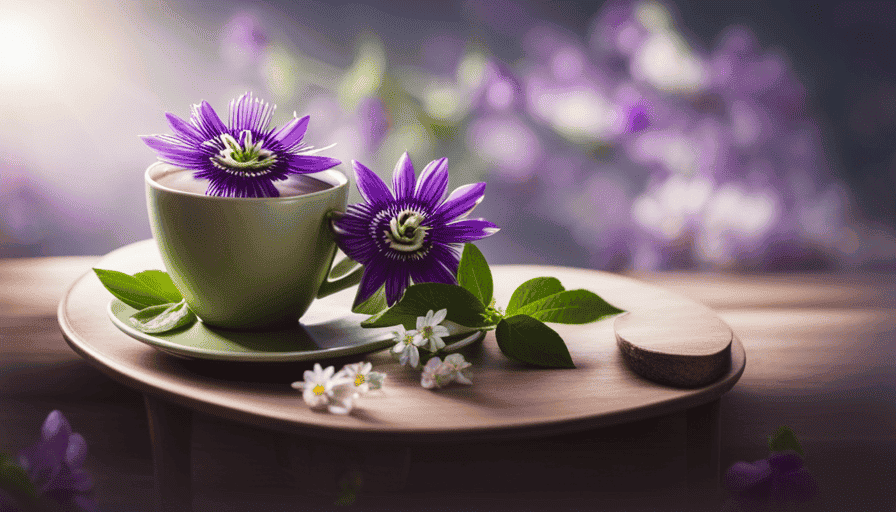 An image showcasing a warm cup of passion flower tea, steam gently rising, infused with vibrant purple petals and delicate green leaves