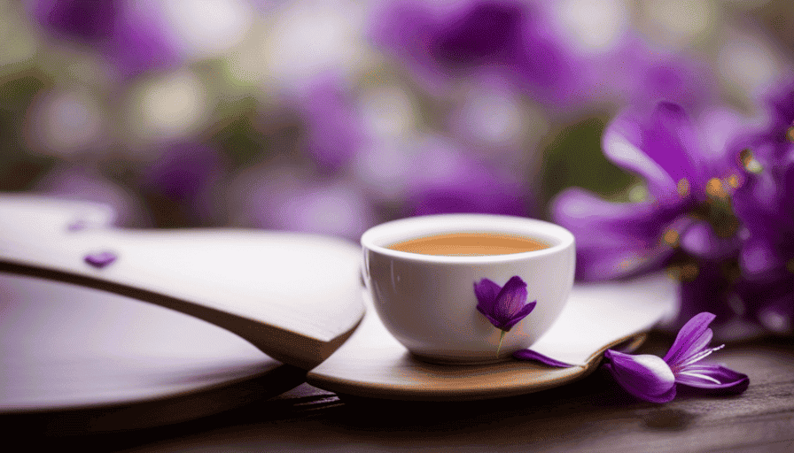 An image that captures the essence of passion flower tea: a delicate, porcelain teacup perched on a rustic wooden table, steam gently rising, adorned by vibrant purple petals floating in the fragrant, golden infusion