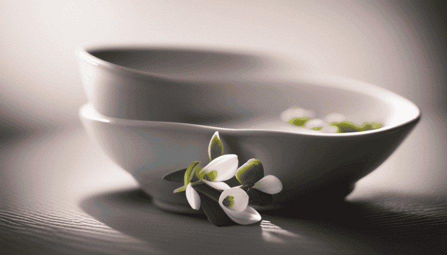 An image showcasing a delicate, porcelain teacup filled with vibrant, pale blue pea flower tea