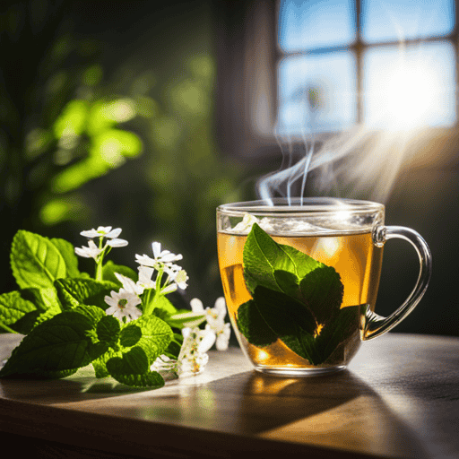 An image showcasing a steaming cup of peppermint herbal tea, adorned with vibrant green leaves and delicate white flowers