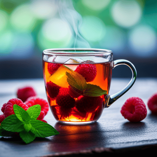 An image showcasing a cup of steaming raspberry herbal tea, surrounded by an array of vibrant raspberries, fresh mint leaves, and a serene backdrop of lush greenery, highlighting the potential health benefits of this delightful beverage