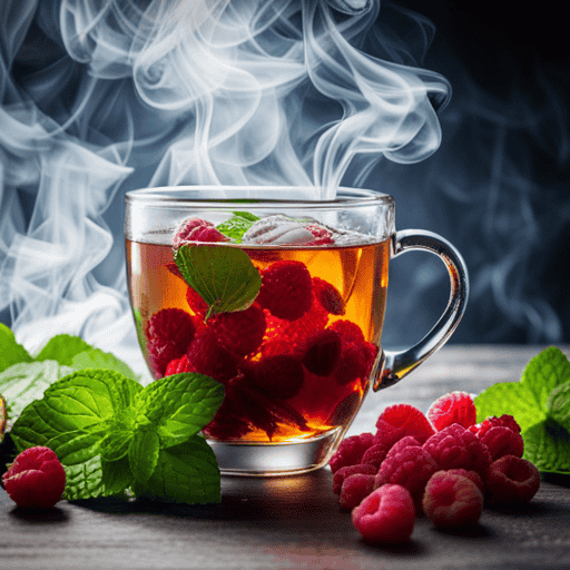 An image featuring a steaming cup of raspberry herbal tea, surrounded by vibrant raspberries and fresh mint leaves