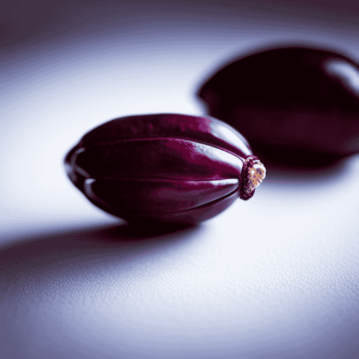 An image showcasing a ripe raw cacao fruit, split open to reveal its vibrant reddish-purple interior