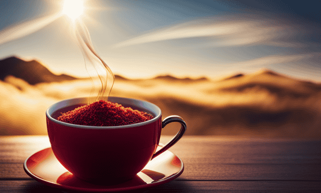 An image showcasing a steaming cup of deep red Rooibos tea, swirling with aromatic wisps of vanilla and honey