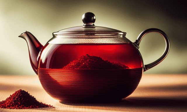 An image that captures the vibrant essence of Rooibos tea: a rich, rust-colored infusion gracefully swirling in a transparent teapot, adorned with delicate crimson leaves and specks of golden sunlight, inviting a soothing sensory experience