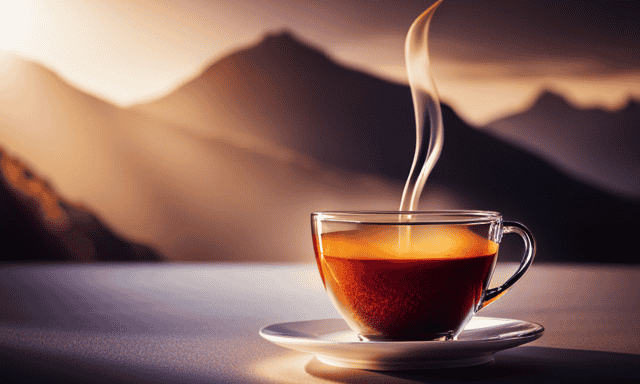 An image that captures the rich amber hue of freshly brewed rooibos tea, showcasing its warm, earthy aroma through delicate steam rising from a teacup