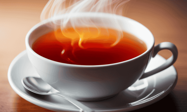 An image showcasing a steaming cup of rooibos tea, radiating a rich amber hue