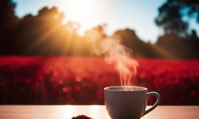 An image of a serene, sun-drenched field with vibrant, red-robed tea leaves swaying in the breeze