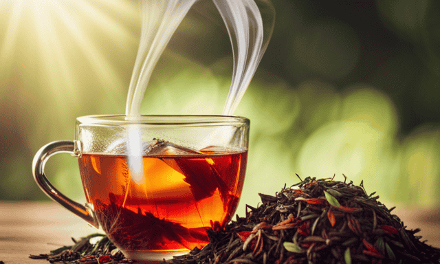 An image showcasing a steaming cup of vibrant red Rooibos tea, surrounded by lush green tea leaves and delicate rooibos flowers