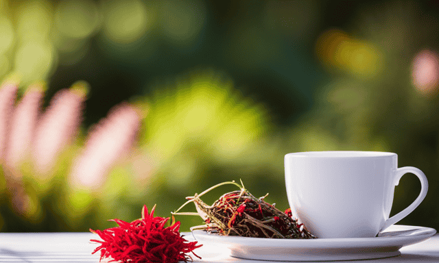An image depicting a serene garden scene with a warm cup of vibrant red Rooibos tea surrounded by blooming Rooibos plants, highlighting its soothing and antioxidant-rich properties