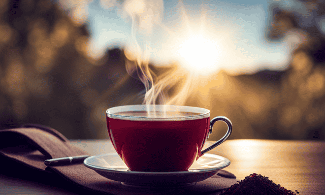An image showcasing a steaming cup of rich, ruby-red Rooibos tea, adorned with delicate wisps of steam rising gracefully, while the leaves and twigs of the Rooibos plant surround it, exuding warmth and earthy aroma