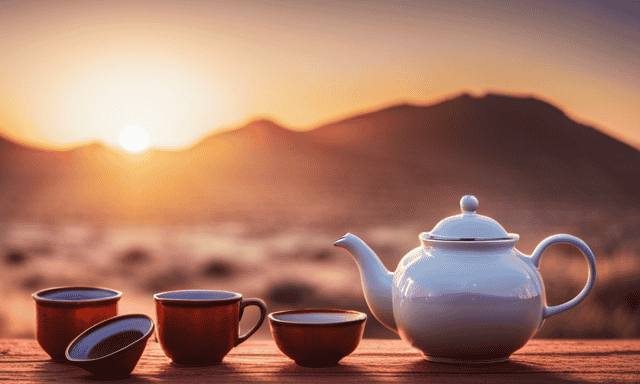 An image showcasing a serene African landscape at sunset, with a traditional clay teapot pouring vibrant, red Rooibos tea into delicate porcelain cups