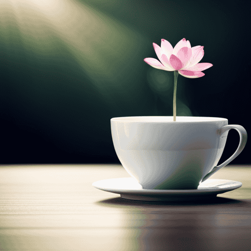 An image showcasing a serene teacup, gently steaming, with a vibrant lotus flower gracefully unfurling its petals within