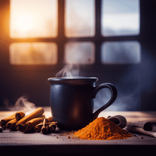 An image of a vibrant, steaming mug filled with golden turmeric chai tea, surrounded by scattered whole spices
