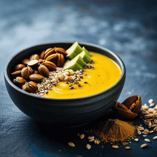 An image showcasing a vibrant yellow smoothie bowl with a generous sprinkle of turmeric powder