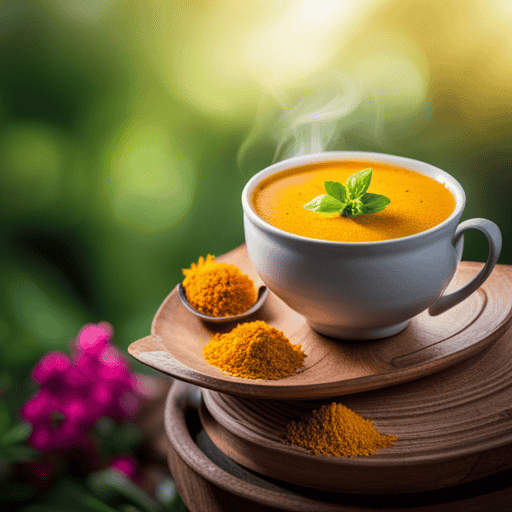 An image depicting a cozy mug of steaming turmeric tea, surrounded by vibrant, blooming flowers and lush green leaves, symbolizing the soothing and healing effects of turmeric on the gut