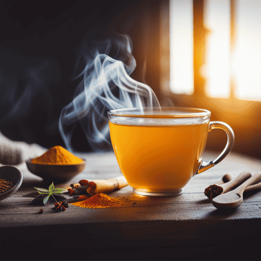 An image depicting a serene scene with a cup of vibrant yellow turmeric tea surrounded by various spices and herbs, showcasing their anti-inflammatory properties