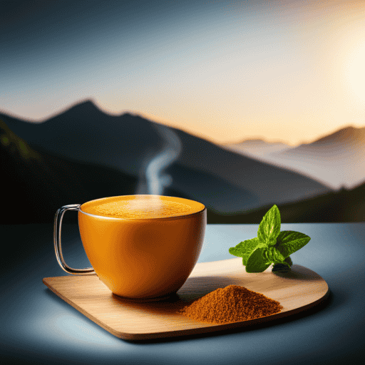 An image showcasing a robust cup of golden turmeric tea, steaming gently in a vibrant, earth-toned mug