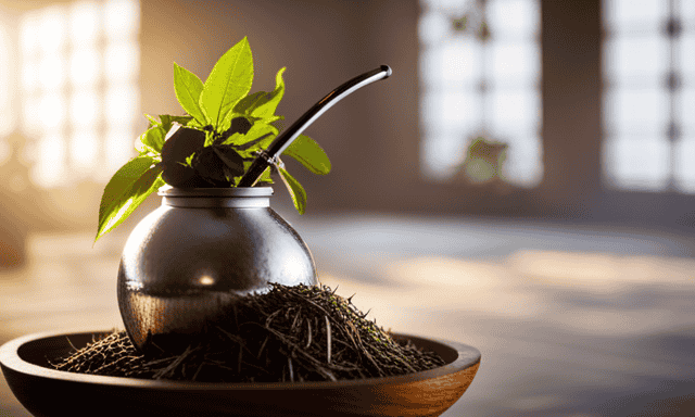 An image that showcases the vibrant green leaves of yerba mate, gently steeping in a traditional gourd with a metal straw, while wisps of steam lazily rise, enticingly carrying the invigorating aroma