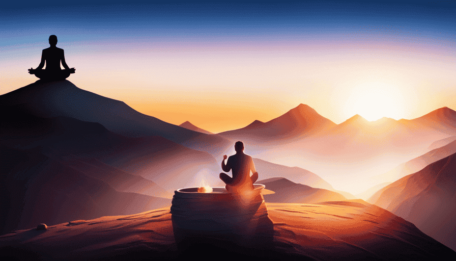 An image showcasing a serene mountain landscape with a warm sunrise