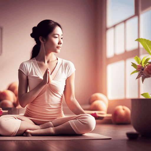 An image showcasing a serene, sun-kissed yoga studio, enveloped in soft hues of peach and pink