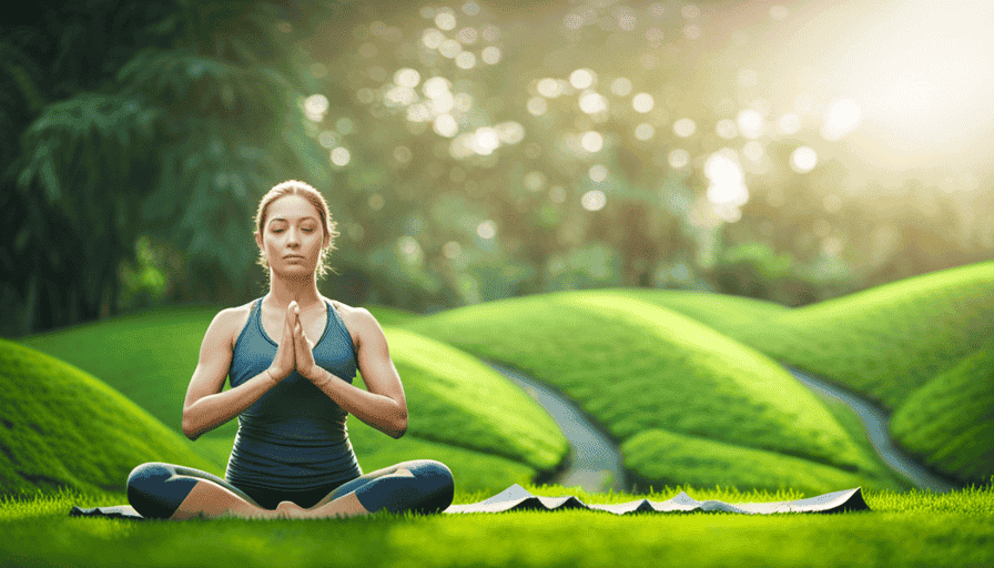 An image showcasing a serene, lush green tea garden, with a woman gracefully practicing yoga amidst the vibrant tea leaves