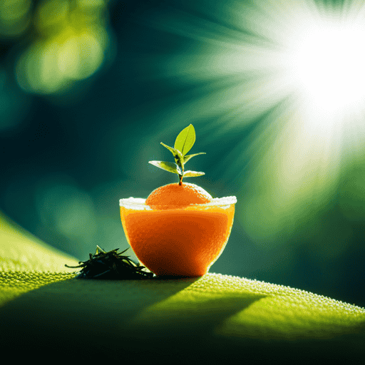 An image showcasing a vibrant, sun-kissed tangerine nestled on a bed of rejuvenating green tea leaves