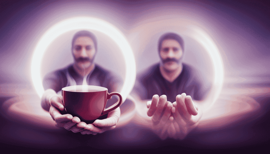 An image of a serene person sitting cross-legged, steam rising from a warm cup of Yogi Throat Tea held between their hands