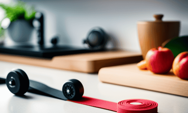 An image showcasing a serene, minimalist kitchen countertop with a cup of fragrant oolong tea alongside various alternative weight loss aids: fresh fruits, a yoga mat, a bottle of green tea, a set of dumbbells, and a pedometer