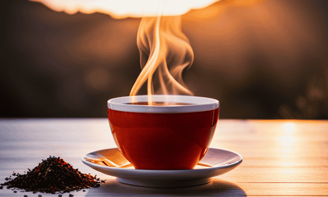 An image showcasing a vibrant, sunset-hued cup of rooibos tea, exuding a warm, earthy aroma