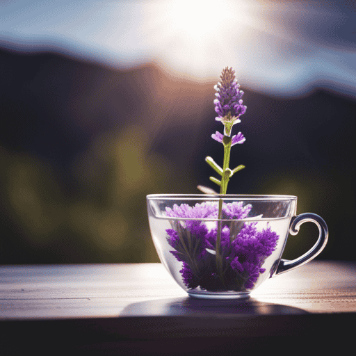 An image showcasing a delicate, blooming lavender flower gently steeping in a teacup, its fragrant steam intertwining with the surrounding air, evoking a sense of calmness and soothing relief for respiratory health