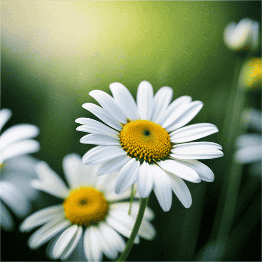 An image showcasing delicate white and yellow daisy-like chamomile flowers gently swaying in a warm summer breeze