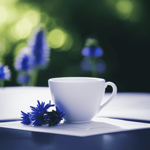 An image showcasing a serene scene with a cup of delicate chamomile tea, steam rising, surrounded by vibrant blue cornflowers, lavender sprigs, and calming chamomile blossoms, evoking a sense of tranquility and relief from anxiety