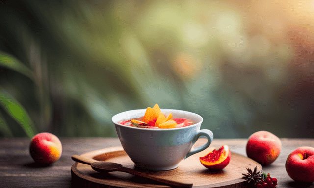 An image showcasing a serene scene of a delicate porcelain teacup filled with steaming Oolong tea, accompanied by a vibrant display of sliced peaches, succulent berries, and ripe mangoes artfully arranged on a rustic wooden platter