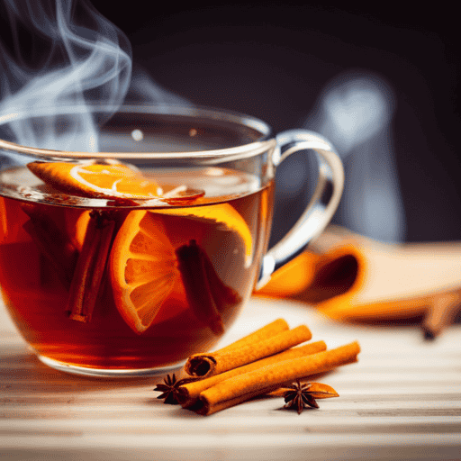 An image showcasing a steaming cup of orange spice herbal tea