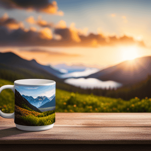 An image featuring a steaming mug of Celestial Seasonings Herbal Tea with Roasted Chicory, complemented by a rustic wooden table, a cozy blanket, and a serene view of a misty mountain landscape in the background