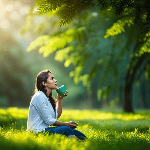 An image showcasing a serene morning scene, where a person is peacefully sipping neem tea from a vibrant green cup, surrounded by lush neem trees