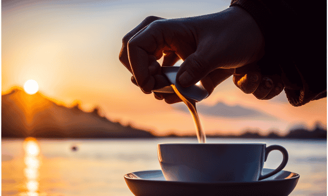 An image showcasing a serene scene of a person gracefully holding a steaming cup of oolong tea, enveloped by a vibrant sunrise backdrop